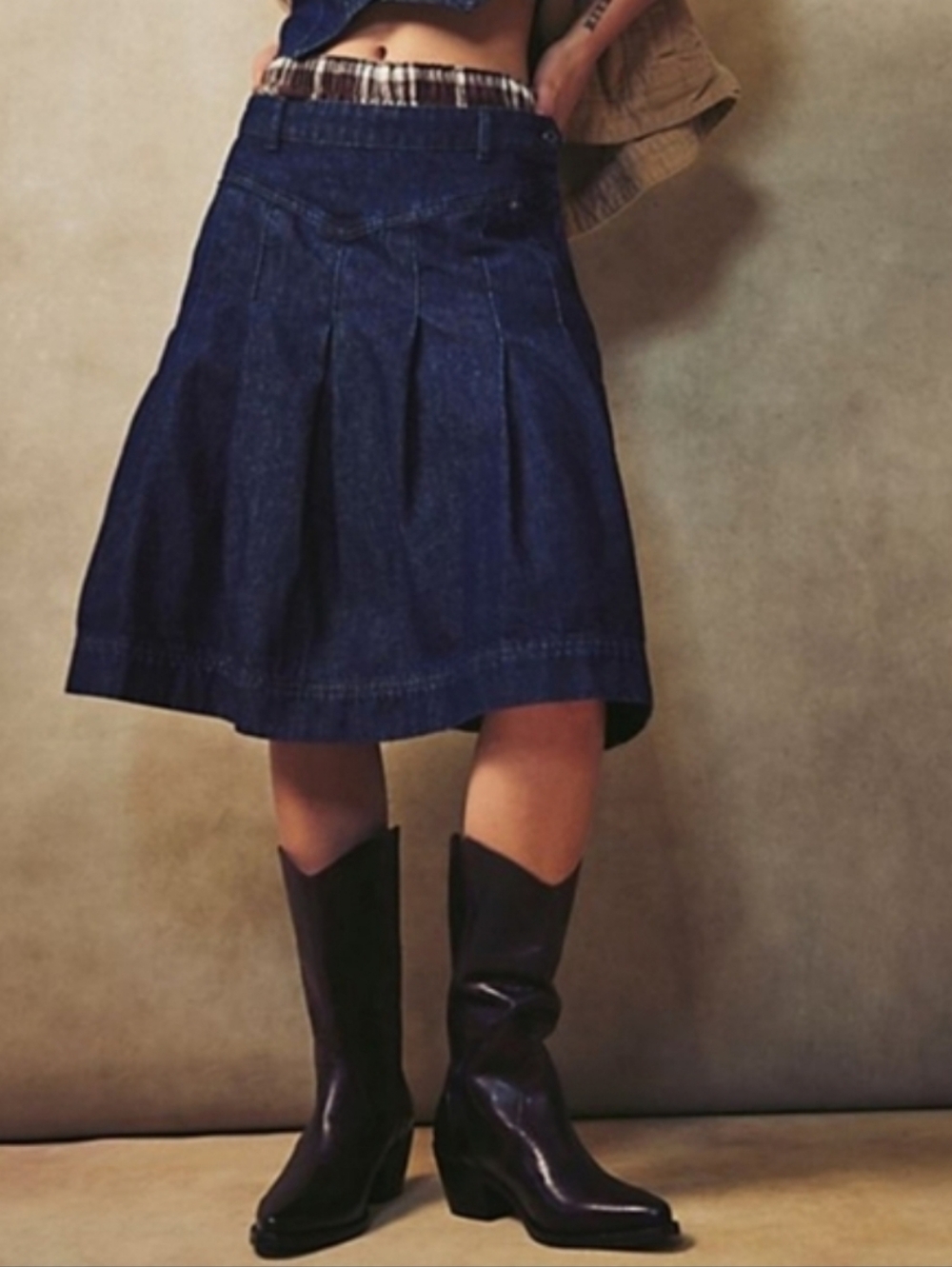 Free People Dark Blue Denim Pleated Midi Skirt